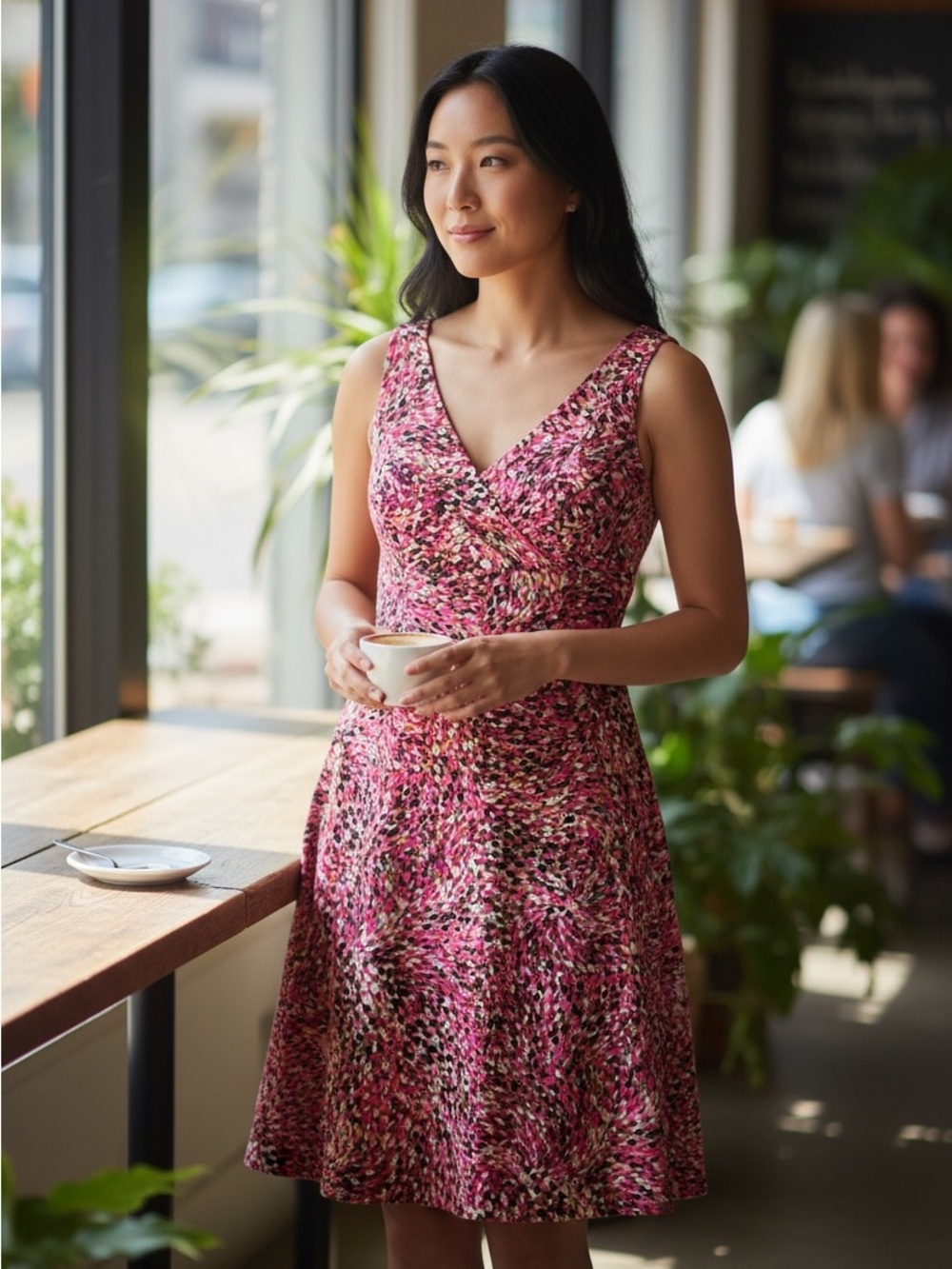 Jones Studio Pink Printed Sleeveless V-Neck Midi Dress